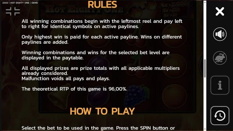 Hot Eighty One - breve instrucción "cómo jugar" con descripción de Wild y multiplicador x